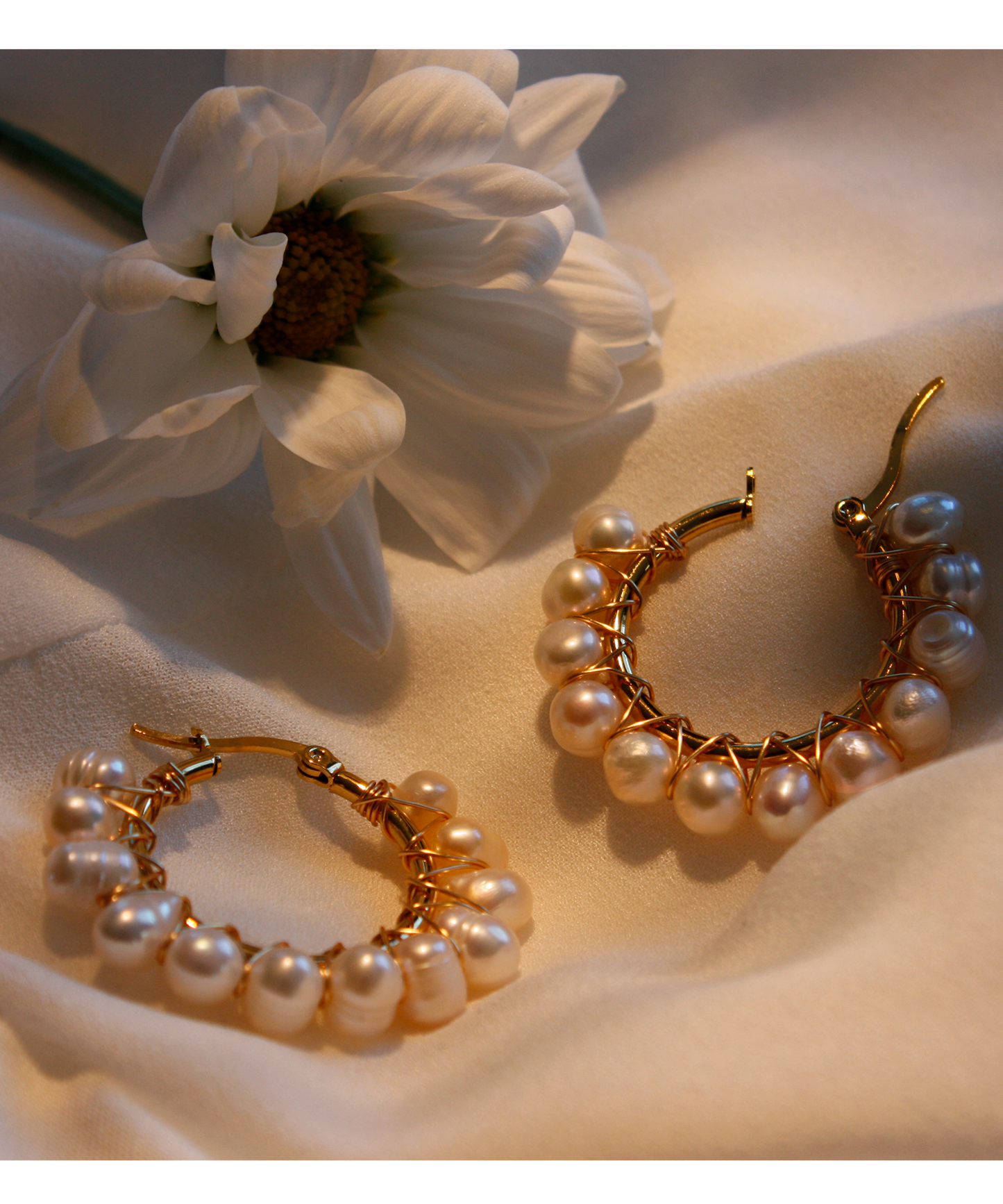 vintage, classy and elegant water pearl weaved and beaded on stainless steel hoop, classy look, elegant earring pieces, handmade